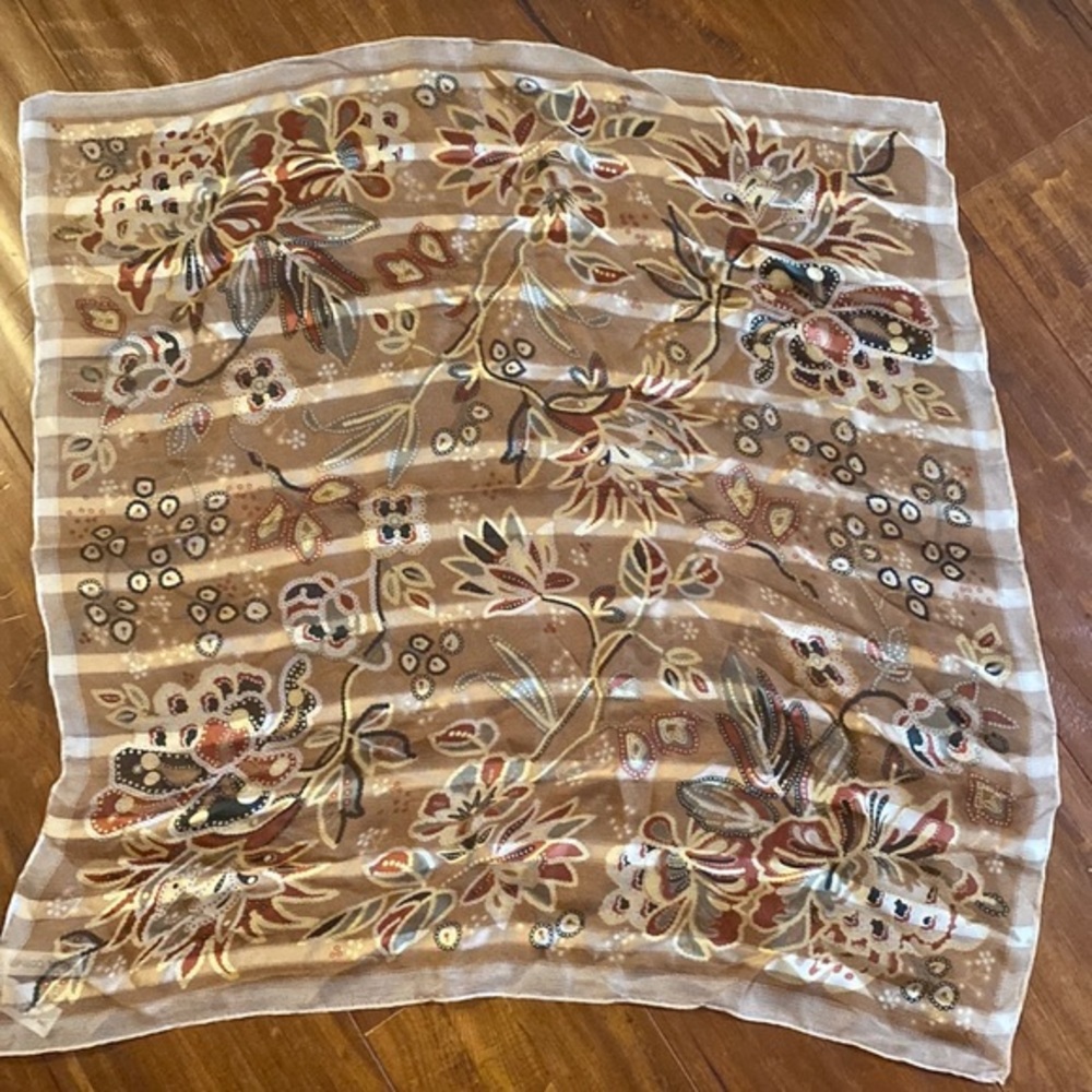Casual‎ Corner 100% silk square floral striped scarf sheer